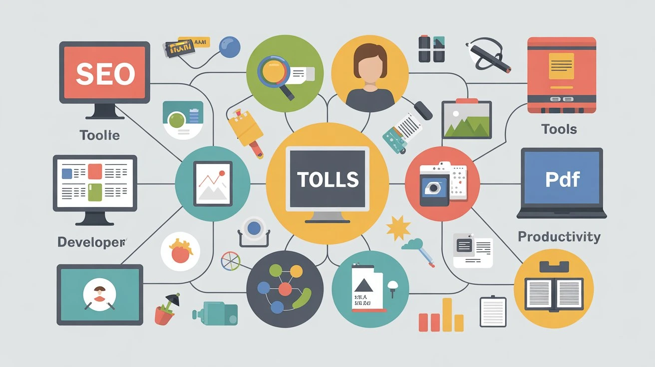 major categories of free digital tools online including seo image pdf and developer tools